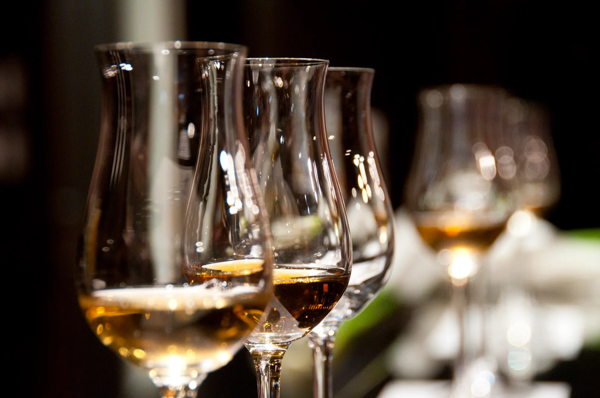 Hilera de copas de vino sobre una mesa en penumbra